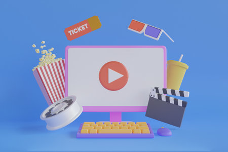 Online cinema art movie watching with popcorn, 3d glasses and film-strip cinematography concept. 3d...