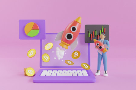 Bitcoin to the moon concept or buy. Bitcoin cryptocurrency rocket taking off to the moon. 3D Renderingの写真素材