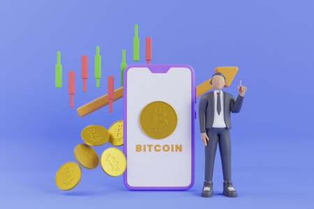 Trade Bitcoin on mobile through the system Cryptocurrency. Bitcoin exchange. 3d illustration of...