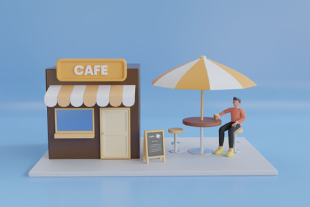 3d illustration of a cozy cafe. Front view Cafe shop. coffee shop or coffeehouse building. 3d renderingの写真素材