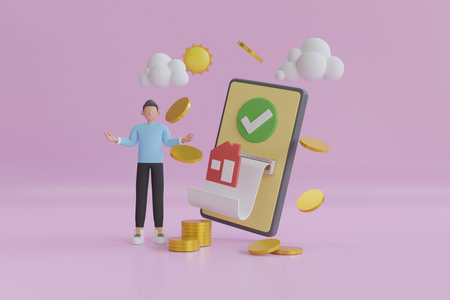 3D House bill payment transaction on app.  bill with home for payment transaction. Business house...