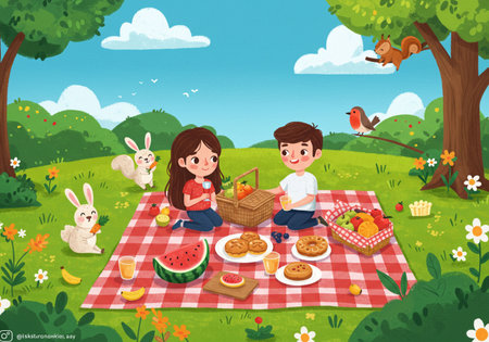 Kids having picnic in park, cartoon vector illustration. Boy and girl sitting on blanket and eating bread, croissants, watermelon, hamantaschen, orange juice.の素材