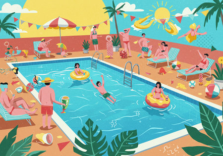 People relaxing in swimming pool flat vector illustration. Cartoon people enjoying hot summer day on beach. Summer vacation conceptの素材