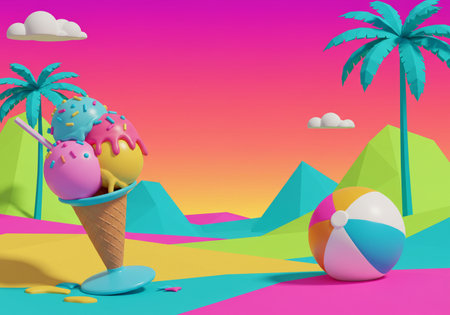 Summer background with ice cream and beach ball. 3D rendering.の素材