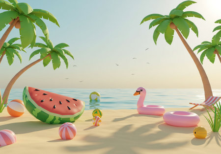 Summer beach with palm trees and watermelon. 3d render illustrationの素材