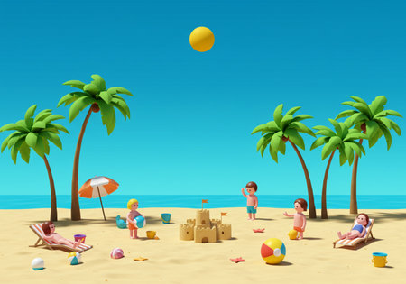 Children playing on the beach. 3d render. Summer vacation concept.の素材