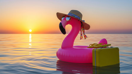 Pink inflatable flamingo with hat on the beach. 3d renderingの素材