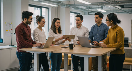 Group of young business people using laptop and tablet in modern office.の素材