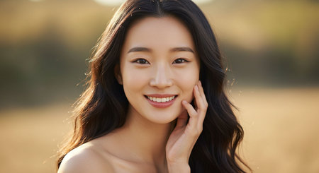 Portrait of a beautiful young Asian woman with long brown hair smiling ...