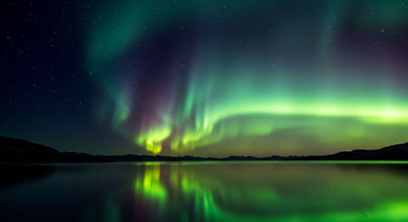 Northern lights, Aurora borealis, over the fjord in Norwayの素材