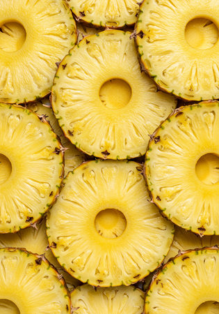 Pineapple slices as a background. Top view. Flat lay.の素材