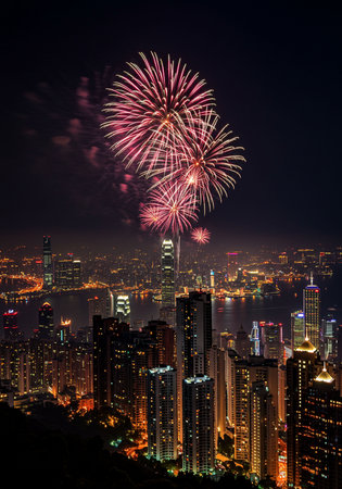 Fireworks over Hong Kong at night.の素材
