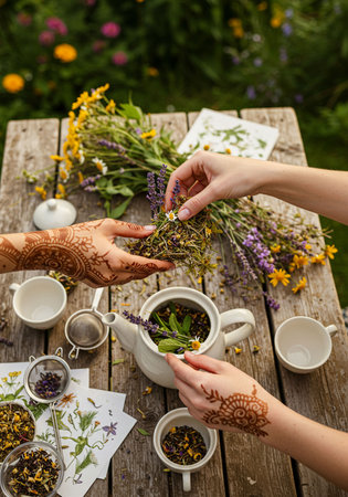 Close-up of female hands making herbal tea in the garden.の素材