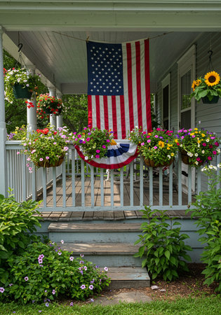 Patriotic American flag on a porch with flowers and sunflowersの素材