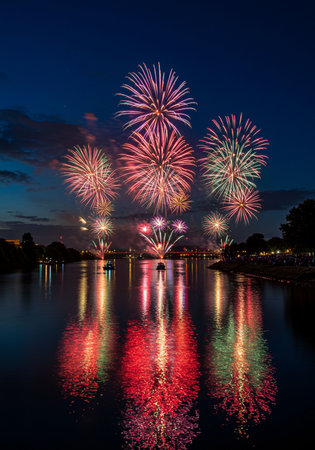 Colorful fireworks of various colors over the river with reflection in waterの素材