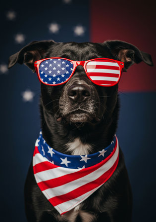 Cute dog wearing sunglasses with american flag on dark background.の素材