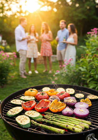 Grilled vegetables on barbecue grill in summer garden. Family having picnicの素材