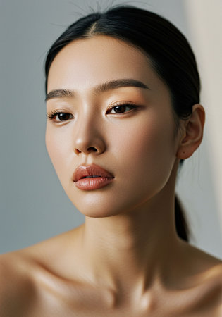beautiful asian woman with clean fresh skin, isolated on grayの素材