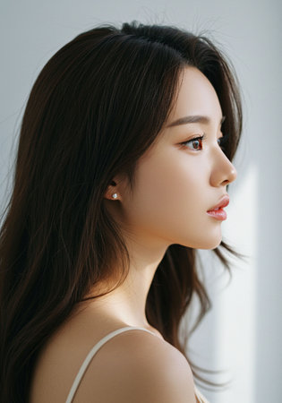 beautiful young asian woman with long hair looking away on grayの素材