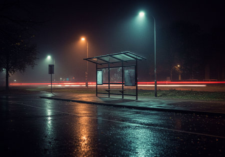 Empty bus stop on wet asphalt at night in a foggy cityの素材