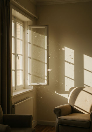 interior of a living room with a chair and a window with sunlightの素材