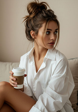 attractive young woman in white shirt sitting on sofa and holding paper cup of coffeeの素材