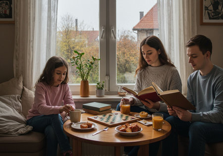 Young family reading a book and having breakfast in the morning at homeの素材