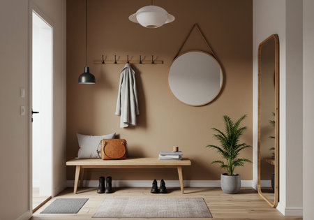 Interior of modern bathroom with beige walls, wooden floor, beige bathtub and round mirror. 3d renderingの素材