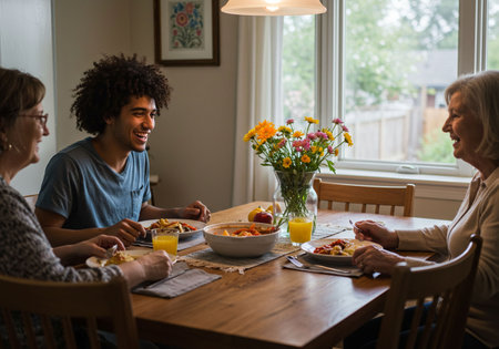 Portrait of happy senior couple having breakfast in dining room at homeの素材
