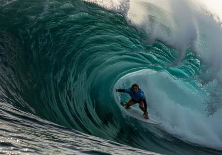 Surfer on Amazing Blue Wave, Bali island, Indonesia.の素材