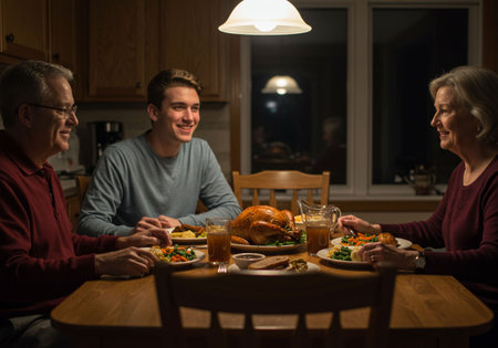 Happy family having dinner together at home. selective focus on turkeyの素材