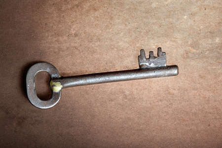 Macro photo of the old key on a brown trashy background