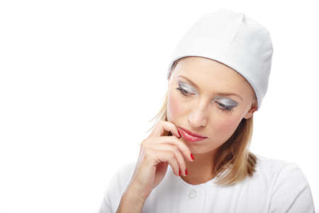 Thinking doctor on a white backgroundの写真素材