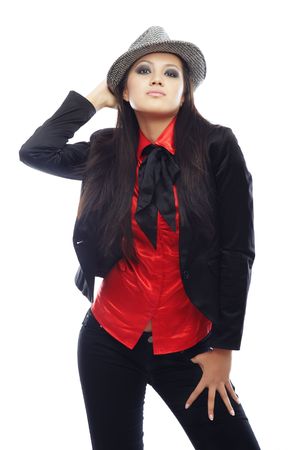 Retro styled lady in the red shirt and black costume on a white backgroundの写真素材