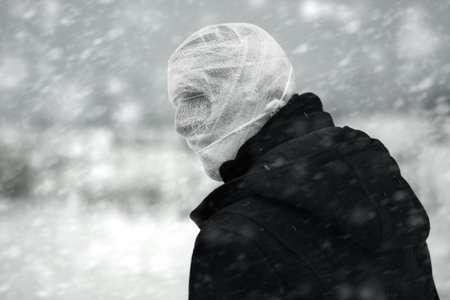 Anonymous person with bandaged head under the nuclear snowstormの写真素材