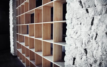 Empty wooden cabinet in the dark interiorの写真素材