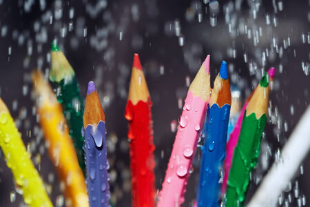 Color pencils under the rain. Close-up viewの写真素材