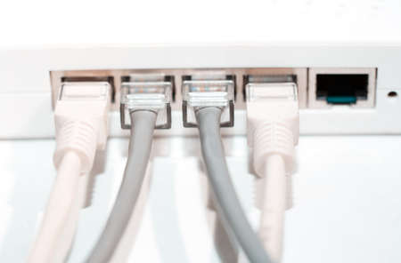 Network modem with cables. Close-up horizontal photoの写真素材