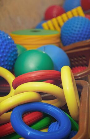 Rubber rings and balls at playground. Close-up photoの写真素材