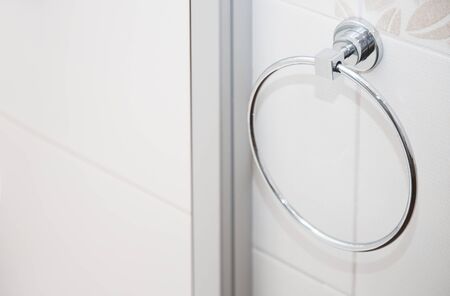 Towel holder in bathroom. Close-up horizontal photoの写真素材
