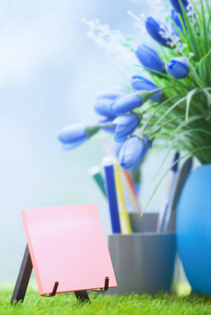 Adhesive note with empty space at green officeの写真素材