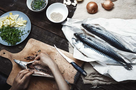 Woman preparing mackerel fishの写真素材