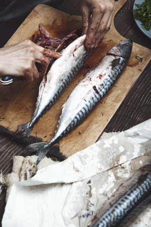 Woman preparing mackerel fishの写真素材