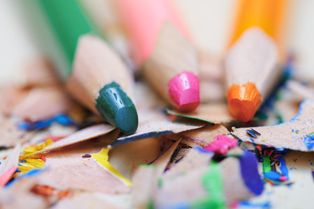 Closeup on sharpened colored pencils with shavingsの写真素材
