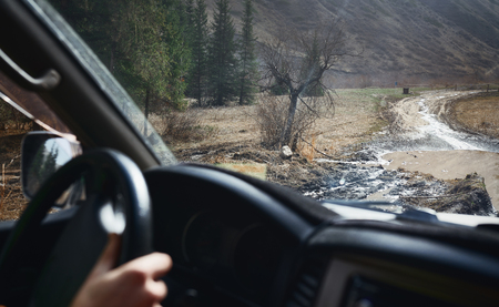 Road trip through the nature of Europe. Car point of viewの写真素材