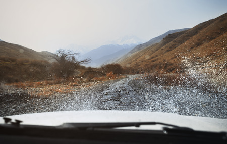 Road trip through the nature of Europe. Car point of viewの写真素材
