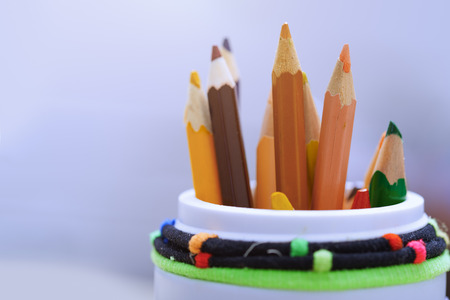 Color pencils in the plastic jar. Close-upの写真素材