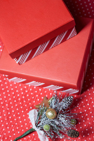 Christmas gift boxes and twig of Christmas tree on a red wrapping paperの写真素材