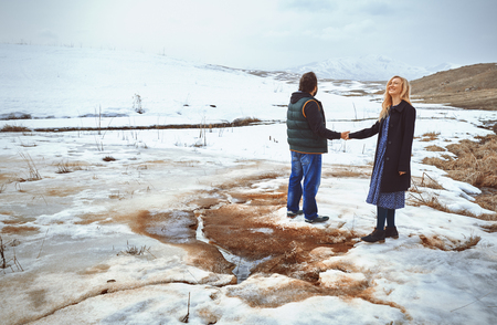Couple in the winter landscapeの写真素材