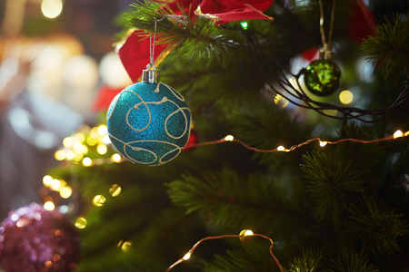Decorated Christmas tree with light string. Close-upの写真素材